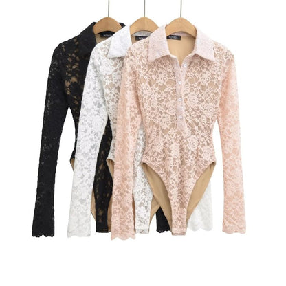 Collared Half-Button Lace Bodysuit Top