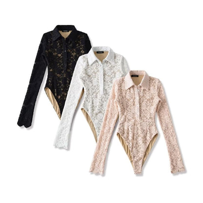 Collared Half-Button Lace Bodysuit Top