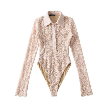Collared Half-Button Lace Bodysuit Top