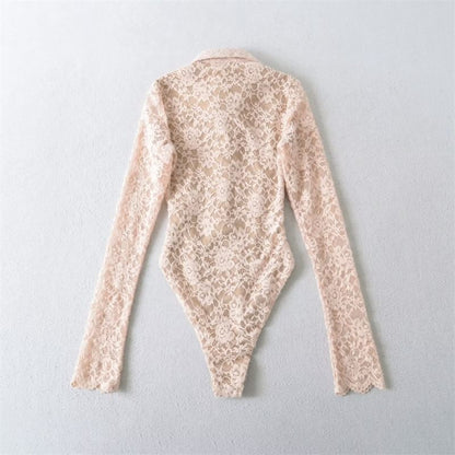 Collared Half-Button Lace Bodysuit Top