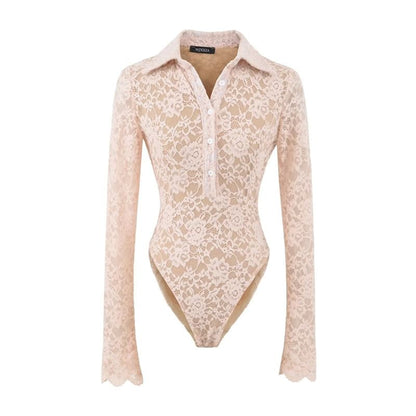 Collared Half-Button Lace Bodysuit Top