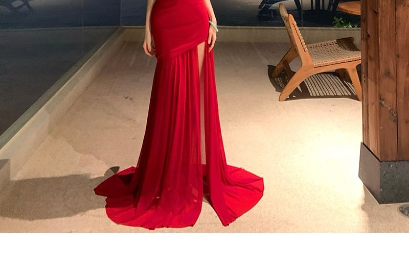 Strapless Asymmetrical Plain Trained Mermaid Evening Gown