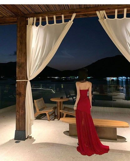 Strapless Asymmetrical Plain Trained Mermaid Evening Gown