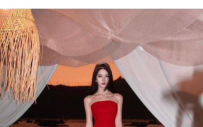 Strapless Asymmetrical Plain Trained Mermaid Evening Gown