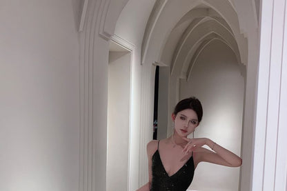 Spaghetti Strap Sequin A-Line Evening Gown