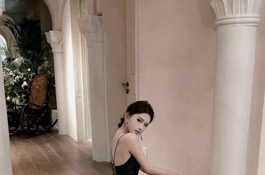 Spaghetti Strap Sequin A-Line Evening Gown