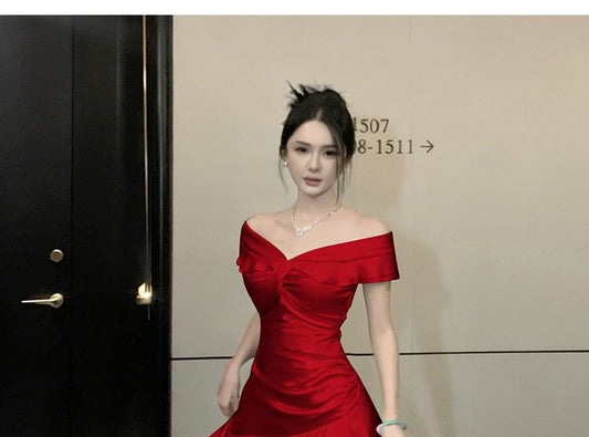 Off Shoulder Ruffle Plain A-Line Evening Gown