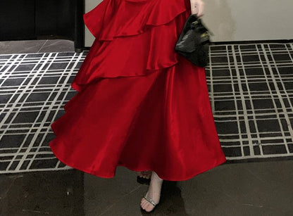 Off Shoulder Ruffle Plain A-Line Evening Gown