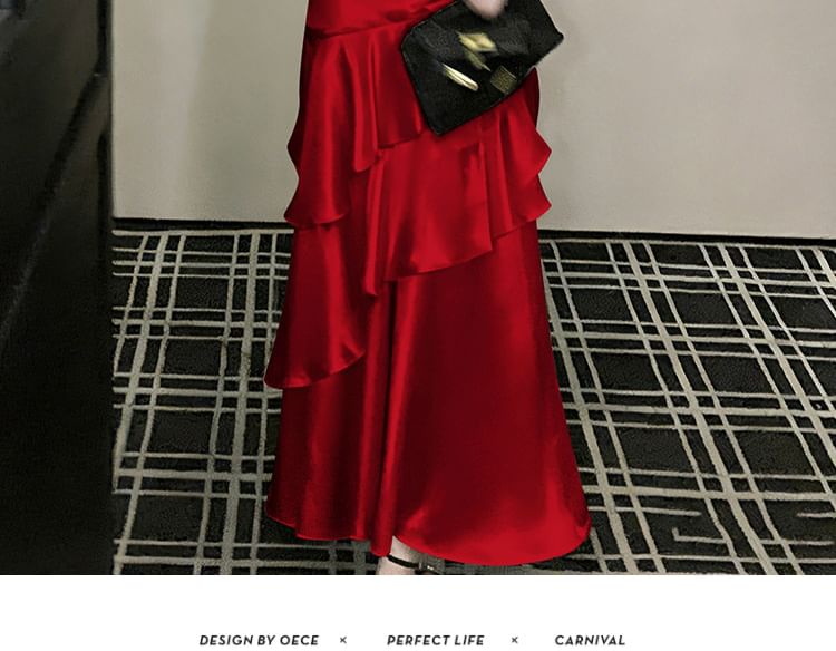 Off Shoulder Ruffle Plain A-Line Evening Gown