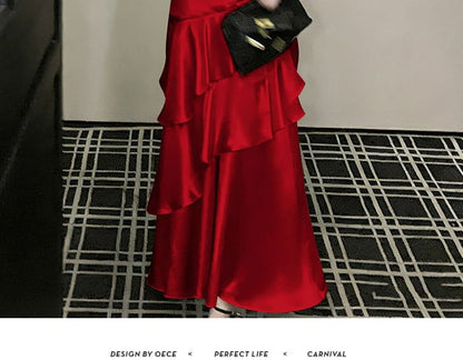 Off Shoulder Ruffle Plain A-Line Evening Gown