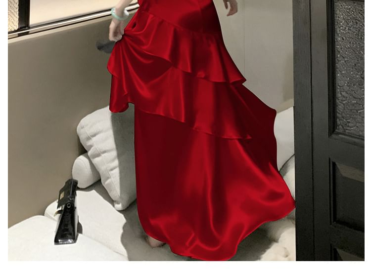 Off Shoulder Ruffle Plain A-Line Evening Gown
