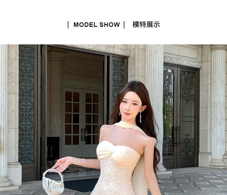 Elbow-Sleeve Glitter Mermaid Evening Gown