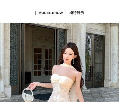 Elbow-Sleeve Glitter Mermaid Evening Gown