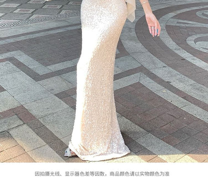 Elbow-Sleeve Glitter Mermaid Evening Gown