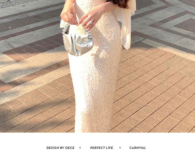Elbow-Sleeve Glitter Mermaid Evening Gown