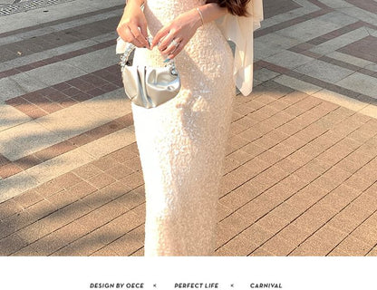 Elbow-Sleeve Glitter Mermaid Evening Gown