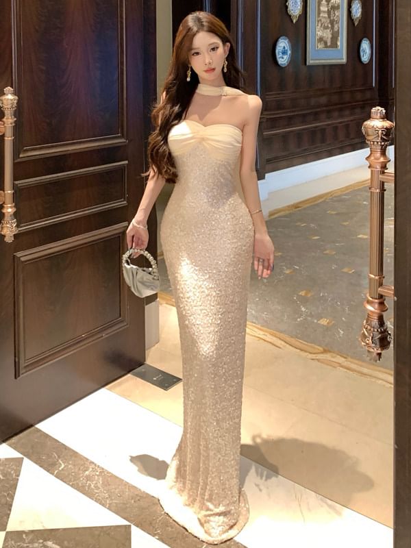 Elbow-Sleeve Glitter Mermaid Evening Gown
