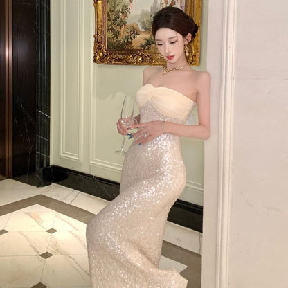 Elbow-Sleeve Glitter Mermaid Evening Gown
