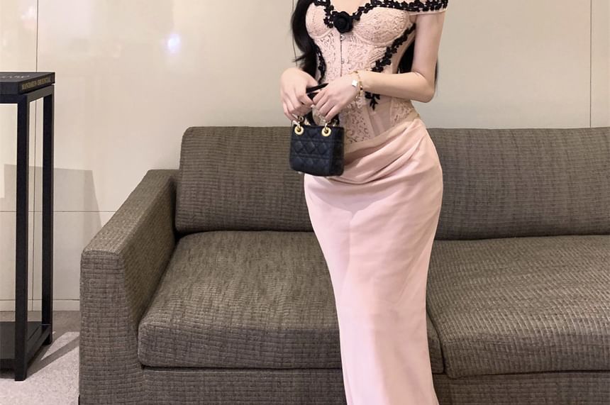 Off Shoulder Lace Corset Top and Maxi Skirt Set