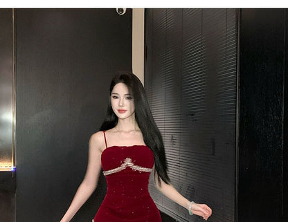 Spaghetti Strap Glitter Asymmetrical A-Line Evening Gown