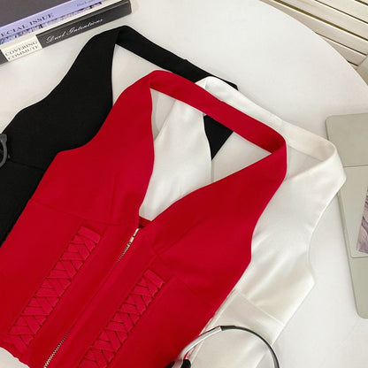 Zip-Up Halter Neck Lace Crop Top