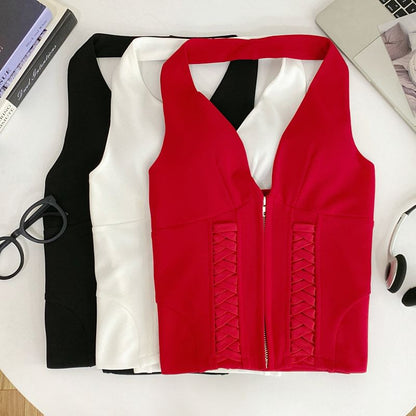 Zip-Up Halter Neck Lace Crop Top