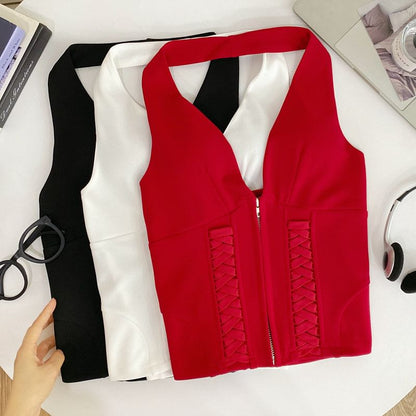 Zip-Up Halter Neck Lace Crop Top