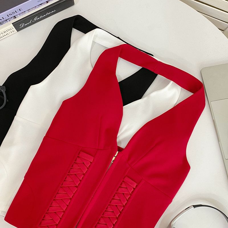 Zip-Up Halter Neck Lace Crop Top