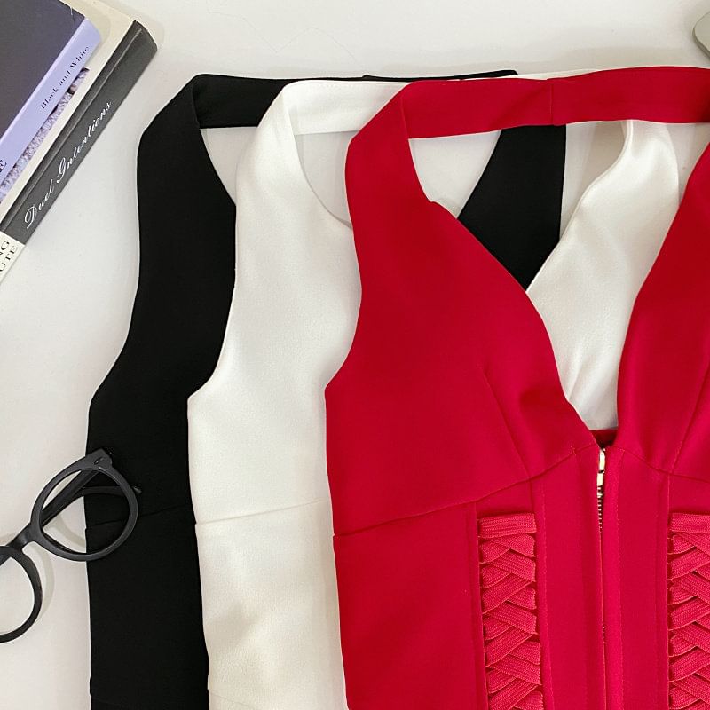 Zip-Up Halter Neck Lace Crop Top