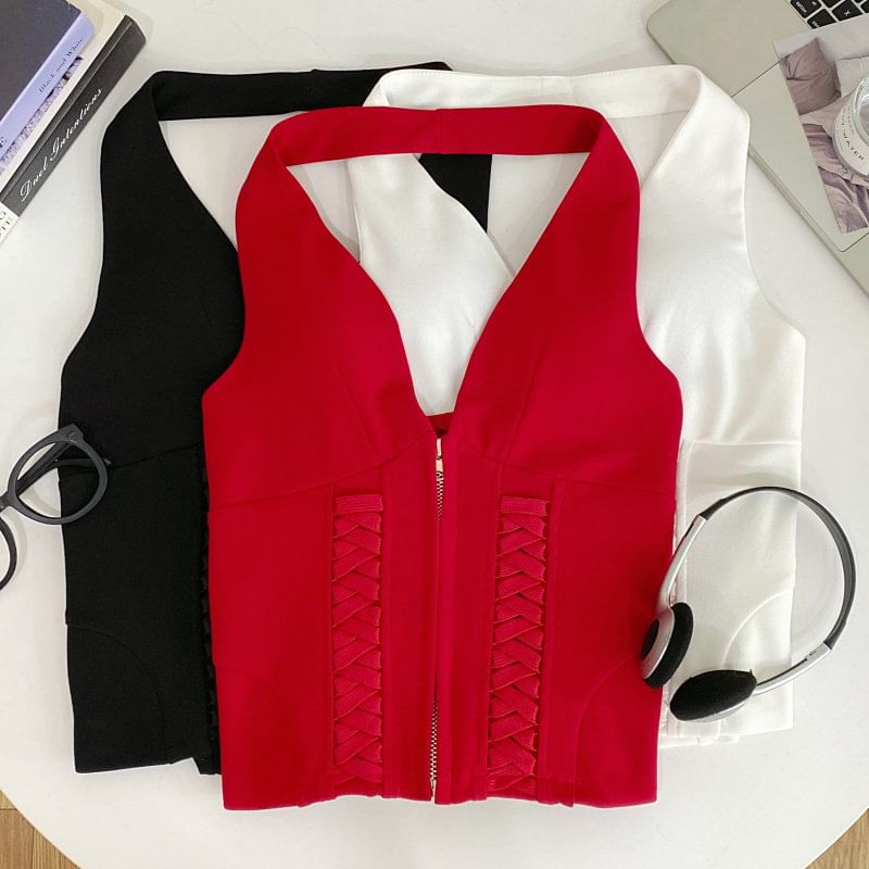 Zip-Up Halter Neck Lace Crop Top