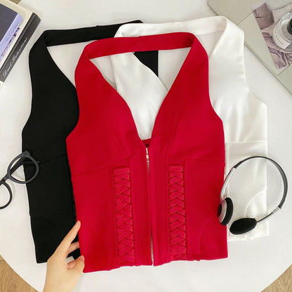 Zip-Up Halter Neck Lace Crop Top