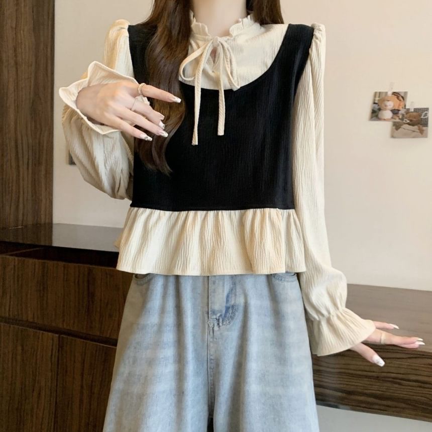 Ruffle Blouse with Tie-Neck and Long Sleeves