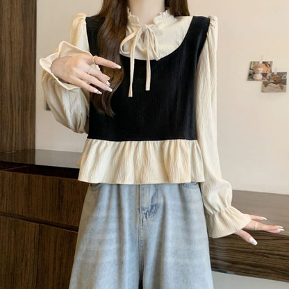 Ruffle Blouse with Tie-Neck and Long Sleeves