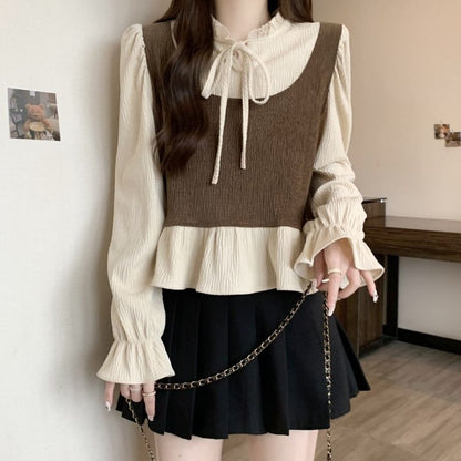 Ruffle Blouse with Tie-Neck and Long Sleeves