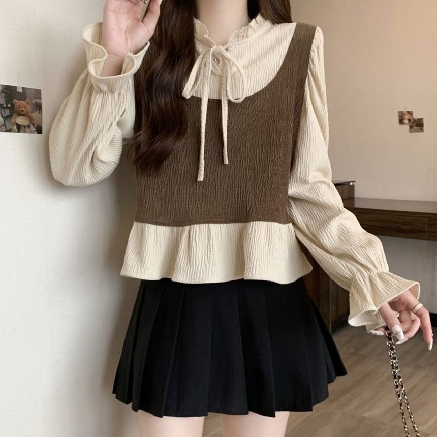 Ruffle Blouse with Tie-Neck and Long Sleeves
