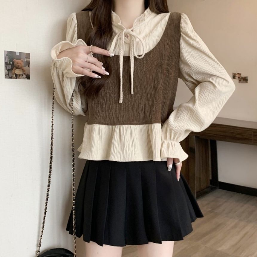 Ruffle Blouse with Tie-Neck and Long Sleeves
