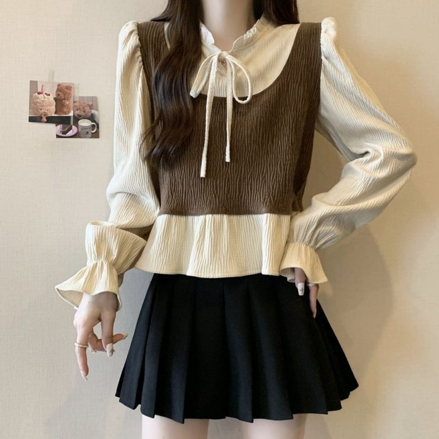 Ruffle Blouse with Tie-Neck and Long Sleeves