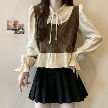 Ruffle Blouse with Tie-Neck and Long Sleeves