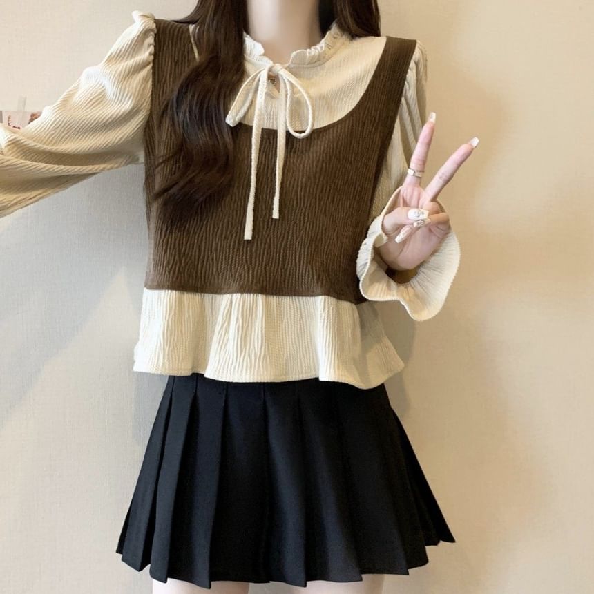 Ruffle Blouse with Tie-Neck and Long Sleeves