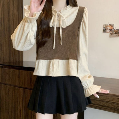 Ruffle Blouse with Tie-Neck and Long Sleeves