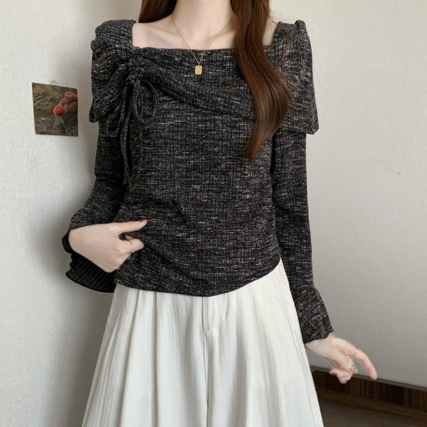 Drawstring Boat Neck Melange Top with Asymmetric Cut