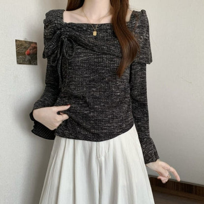 Drawstring Boat Neck Melange Top with Asymmetric Cut