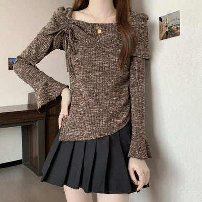 Drawstring Boat Neck Melange Top with Asymmetric Cut