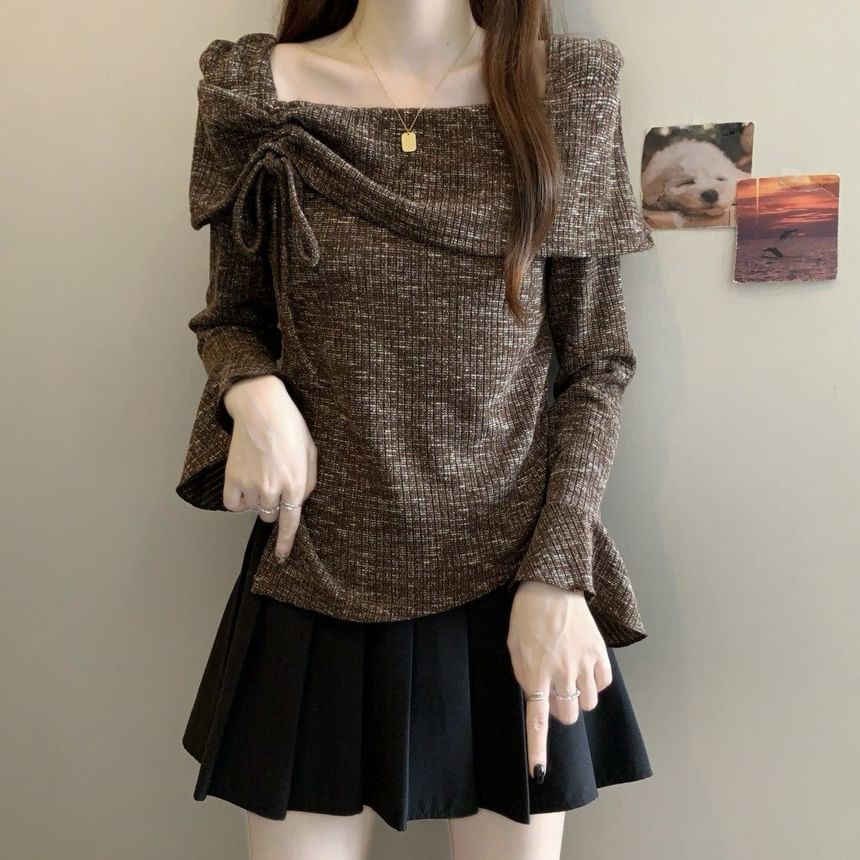 Drawstring Boat Neck Melange Top with Asymmetric Cut