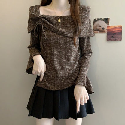 Drawstring Boat Neck Melange Top with Asymmetric Cut