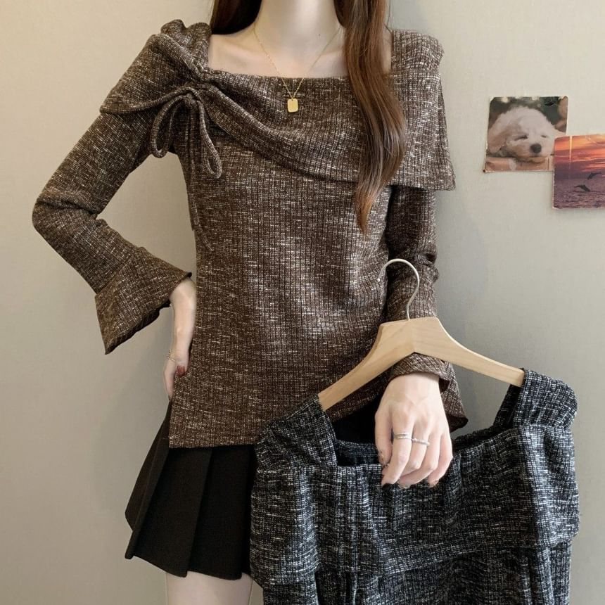 Drawstring Boat Neck Melange Top with Asymmetric Cut