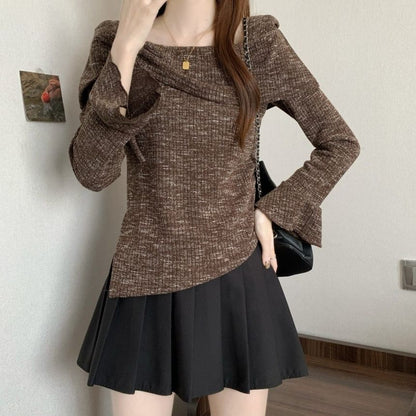 Drawstring Boat Neck Melange Top with Asymmetric Cut