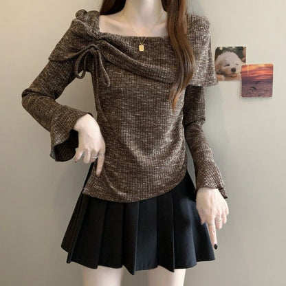 Drawstring Boat Neck Melange Top with Asymmetric Cut
