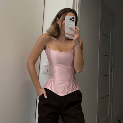 Satin Corset Tube Top with Asymmetric Hemline