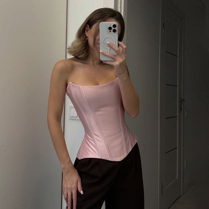 Satin Corset Tube Top with Asymmetric Hemline